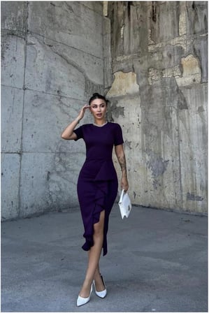HOBİBAHÇEM Krep Kumaş Abiye Bisiklet Yaka Elbise Yırtmaçlı · Renk: Saks · Beden: S HB006