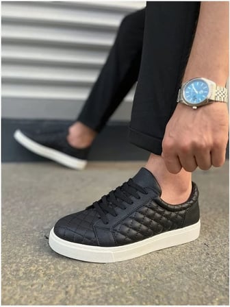 HOBİBAHÇEM Erkek Bağcıklı Yumuşak Cilt Desenli Kapitone Spor Ayakkabı · Renk: Siyah · Beden: 41 HB006