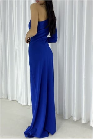 HOBİBAHÇEM Tek Yırtmaçlı Elbise Omuz Abiye · Renk: Saks · Beden: M HB006
