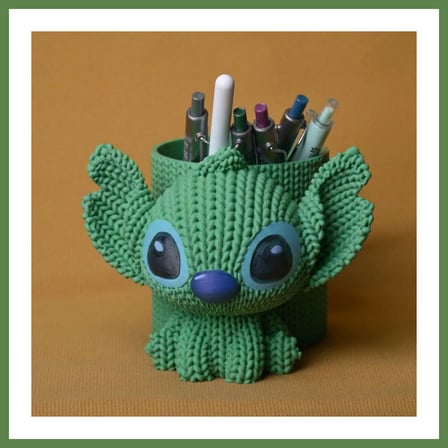 HOBİBAHÇEM 3D Baskı Knitted Kalemlik - Sevimli Karakterli Masaüstü Kalem Organizeri-Yeşil HB006
