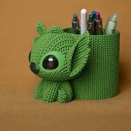 HOBİBAHÇEM 3D Baskı Knitted Kalemlik - Sevimli Karakterli Masaüstü Kalem Organizeri-Yeşil HB006
