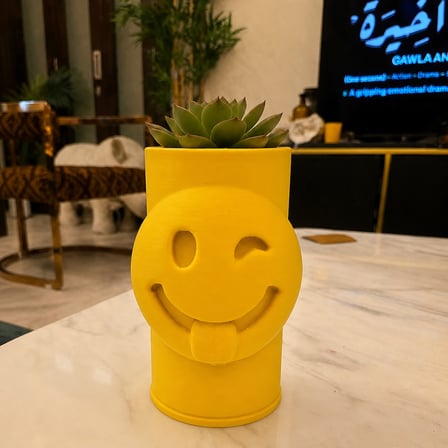 HOBİBAHÇEM 3D Baskı Emoji Planter - Göz Kırpan Yüzlü Sukulent Saksısı-Sarı HB006