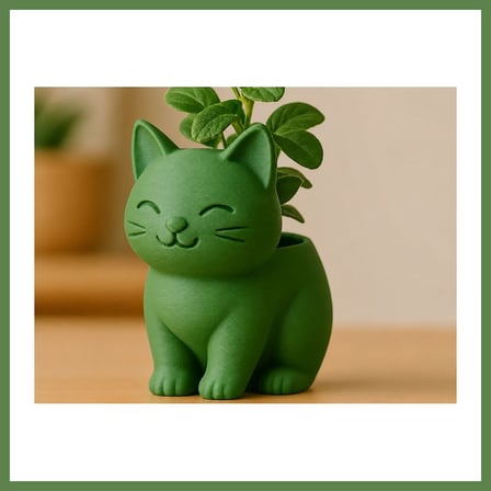 HOBİBAHÇEM 3D Baskı Sevimli Kedi Saksı - Figürlü Sukulent Saksısı-Yeşil HB006