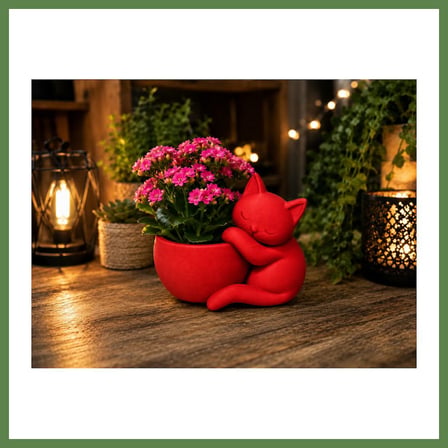 HOBİBAHÇEM 3D Baskı Sarılan Kedi Saksı - Sevimli Dekoratif Saksı - Kırmızı HB006