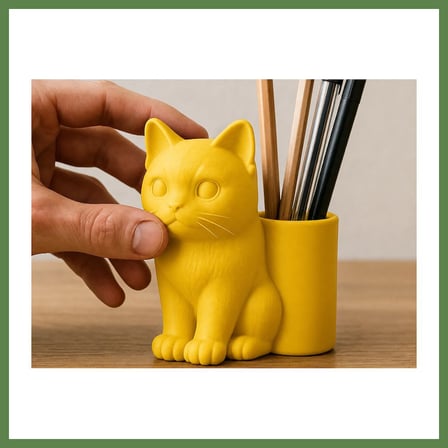 HOBİBAHÇEM 3D Baskı Kedi Figürlü Kalemlik - Masaüstü Organizer - Sarı HB006