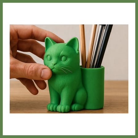 HOBİBAHÇEM 3D Baskı Kedi Figürlü Kalemlik - Masaüstü Organizer - Yeşil HB006