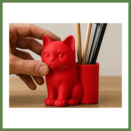 HOBİBAHÇEM 3D Baskı Kedi Figürlü Kalemlik - Masaüstü Organizer - Kırmızı HB006