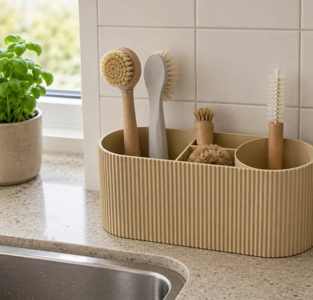 HOBİBAHÇEM 3D Baskı Yivli Oval Masaüstü Düzenleyici Bölmeli Bulaşık Fırçası Sünger Standı Süzdürmeli Lavabo Bej HB006