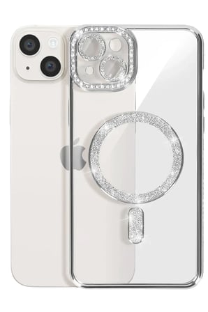 HOBİBAHÇEM iPhone 15 Uyumlu Kılıf Joke Simli Magneticsafe Kılıf - Gümüş HB006