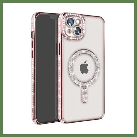 HOBİBAHÇEM iPhone 15 Uyumlu Kılıf Joke Simli Magneticsafe Kılıf - Pembe HB006