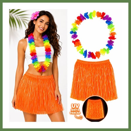 HOBİBAHÇEM Neon Turuncu Hawaii Etek 40 cm ve Rengarenk Hawaii Kolye HB006