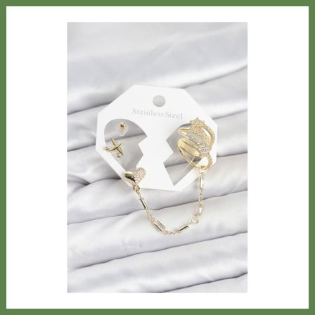 HOBİBAHÇEM Kalp Yıldız Model Pirinç Gold Renk Zincir Bağlantılı Ear Cuff Küpe Seti HB006