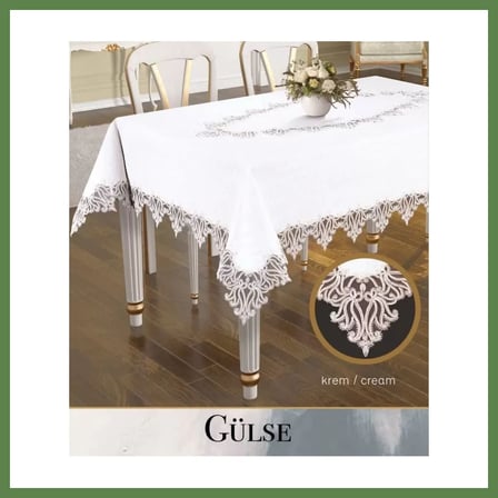 HOBİBAHÇEM Keten Tek Masa Örtüsü Tablecloth 155x220 cm Dantelli Yemek Masası Örtüsü Gülse Model Krem HB006