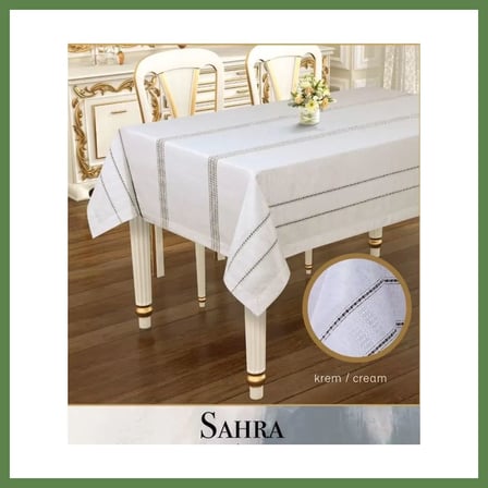 HOBİBAHÇEM Polyester Ajurlu Keten Masa Örtüsü Tablecloth 160x220 cm Dantelli Yemek Masası Örtüsü Sahra Model Krem HB006