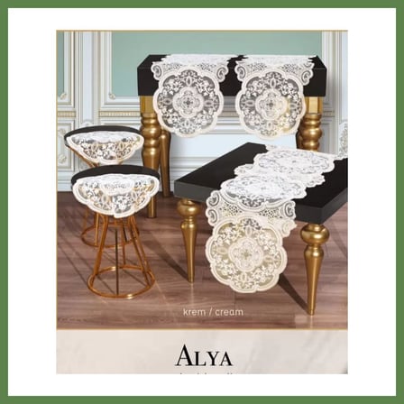 HOBİBAHÇEM Salon Takımı 5 Parça Dantelli Masa Örtüsü Runner Seti Alya Model - Krem HB006