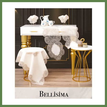 HOBİBAHÇEM Salon Takımı 5 Parça Keten Dantelli Masa Örtüsü Runner Seti Bellisima Model No 800 -Krem-Kapiçino HB006