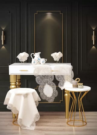 HOBİBAHÇEM Salon Takımı 5 Parça Keten Dantelli Masa Örtüsü Runner Seti Bellisima Model No 800 -Krem-Kapiçino HB006