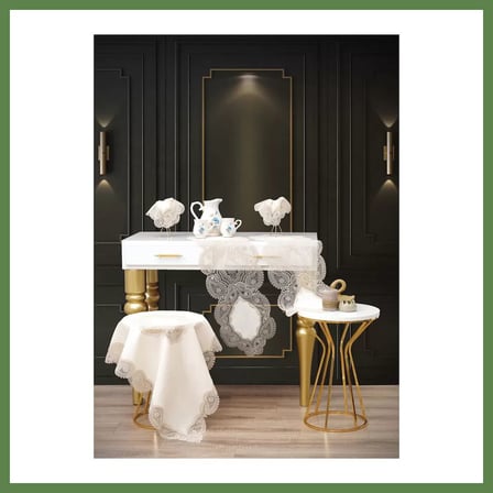HOBİBAHÇEM Krem-Kapiçino Bellisima Model 5 Parça Keten Dantelli Salon Takımı Runner Seti No 800 HB006