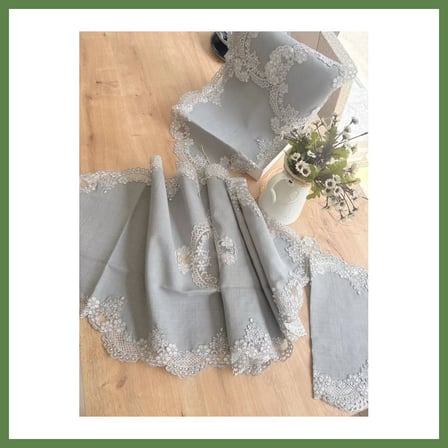 HOBİBAHÇEM Salon Takımı 5 Parça Keten Dantelli Masa Örtüsü Runner Seti Çeyizlik Firuze Model No 486745Gri HB006