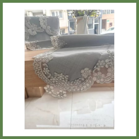 HOBİBAHÇEM Salon Takımı 5 Parça Keten Dantelli Masa Örtüsü Runner Seti Çeyizlik Firuze Model Gri HB006