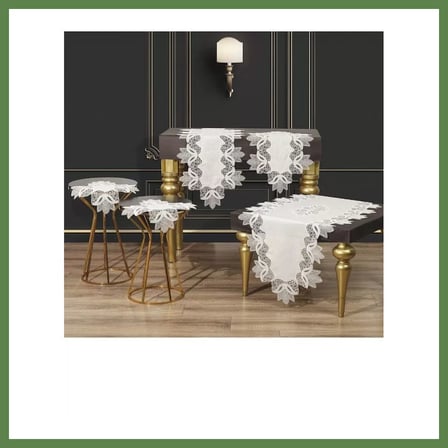 HOBİBAHÇEM Salon Takımı 5 Parça Keten Dantelli Masa Örtüsü Runner Seti Çeyizlik Kayla Model Krem-Gümüş HB006