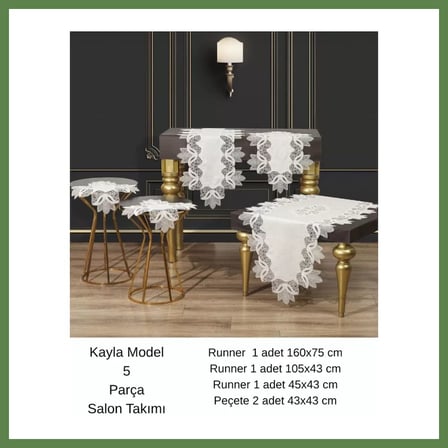 HOBİBAHÇEM Salon Takımı 5 Parça Keten Masa Örtüsü Runner Seti Çeyizlik Kayla Model No 22252 Krem-Gümüş HB006