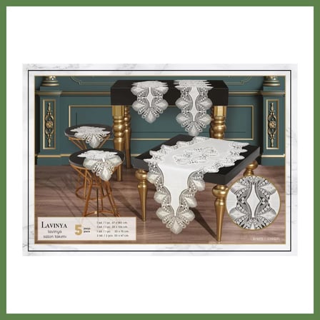 HOBİBAHÇEM Salon Takımı 5 Parça Keten Dantelli Masa Örtüsü Runner Seti Çeyizlik Lavinya Model Krem-Krem HB006