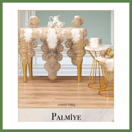 HOBİBAHÇEM Salon Takımı 7 Parça Keten Masa Örtüsü Runner Seti Çeyizlik Palmiye Model No 66625 Krem-Kapiçino HB006