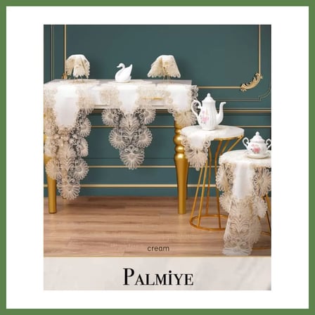 HOBİBAHÇEM Salon Takımı 7 Parça Keten Masa Örtüsü Runner Seti Çeyizlik Palmiye Model Krem-Krem HB006