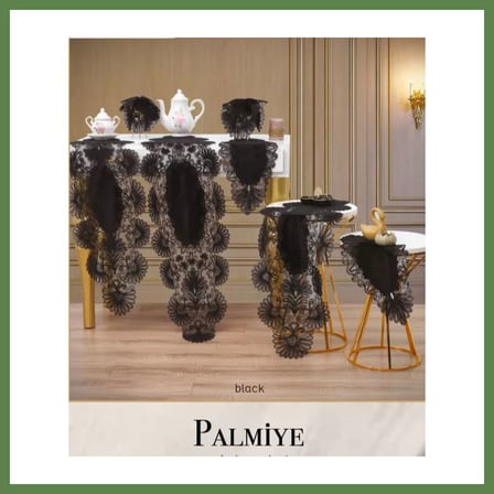 HOBİBAHÇEM Salon Takımı 5 Parça Keten Masa Örtüsü Runner Seti Çeyizlik Palmiye Model No 70804 Siyah HB006