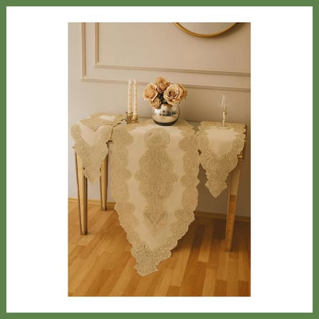 HOBİBAHÇEM 5 Parça Simli Gold Angelika Salon Takımı Keten Dantelli Runner Seti Modern Tasarım HB006