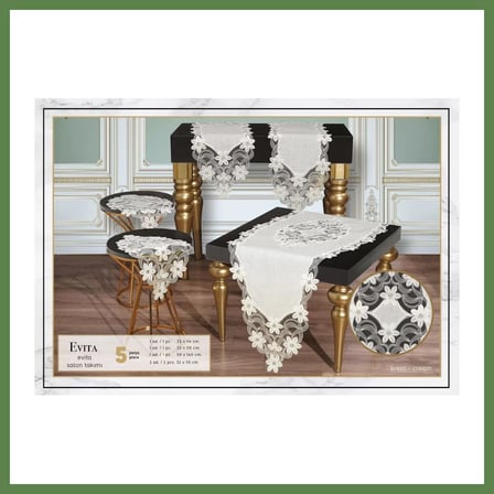 HOBİBAHÇEM Salon Takımı Evita Model Krem-Krem 5 Parça Keten Dantelli Masa Örtüsü Runner Seti HB006
