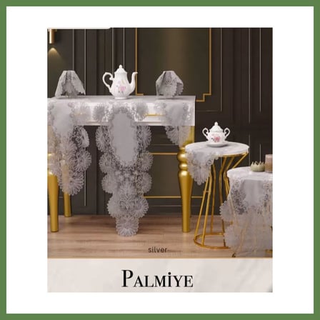 HOBİBAHÇEM Palmiye Model Gri 5 Parça Keten Masa Örtüsü Runner Seti Salon Takımı HB006