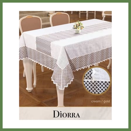 HOBİBAHÇEM Diorra Model Krem-Gold Keten Kendinden Runnerli 160x220 cm Şık Yemek Masası Örtüsü HB006