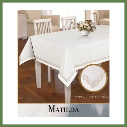 HOBİBAHÇEM Matilda Model Krem-Gold 155x260 cm Keten Tablecloth Masa Örtüsü Şık Dekorasyon HB006