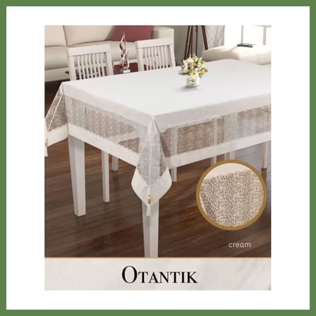 HOBİBAHÇEM Otantik Model Krem 160x220 cm Keten İşlemeli Dantelli Masa Örtüsü Yemek Masası HB006