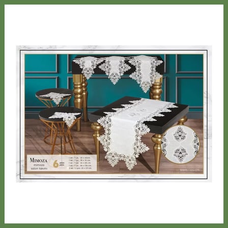 HOBİBAHÇEM Krem Mimoza Model 5 Parça Dantel Runner Seti Çeyizlik Salon Takımı Masa Örtüsü HB006