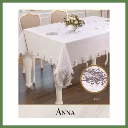 HOBİBAHÇEM Anna Model Gardenya Keten Krem 160x220 cm Dantelli Şık Tek Masa Örtüsü HB006