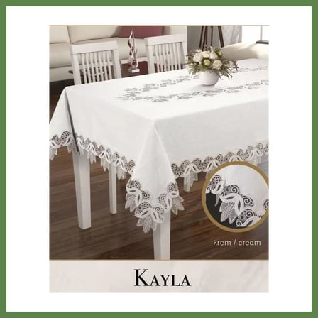 HOBİBAHÇEM Kayla Model Krem 155x220 cm Keten Dantel Dekoratif Zarif Yemek Masası Örtüsü HB006