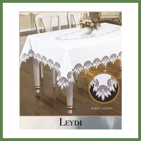 HOBİBAHÇEM Gardenya Keten Leydi Model Krem 160x220 cm Çeyizlik Zarif Yemek Masası Örtüsü HB006