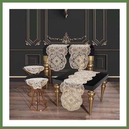 HOBİBAHÇEM Alya Model Gold 5 Parça Salon Takımı Dantelli Masa Örtüsü Runner Seti HB006
