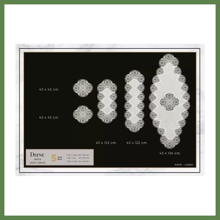 HOBİBAHÇEM 5 Parça Defne Model Krem-Krem Keten Dantelli Salon Takımı Runner Masa Örtüsü Seti HB006