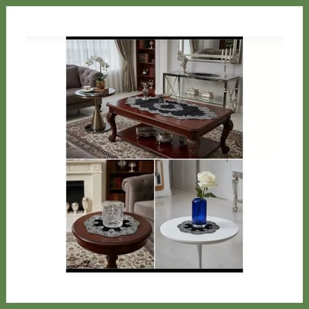 HOBİBAHÇEM 5 Parça Siyah Elora Model Velvet Kadife Dantelli Salon Takımı Masa Örtüsü Runner Seti HB006