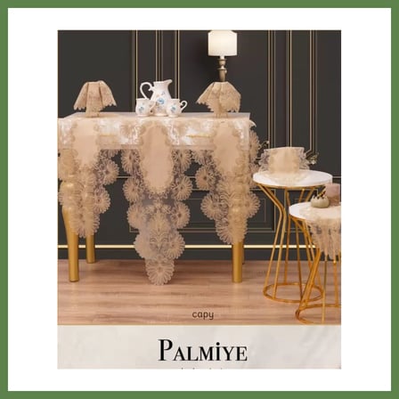 HOBİBAHÇEM Kapiçino Palmiye Model 7 Parça Keten Masa Örtüsü Runner Seti Zarif Salon Takımı HB006