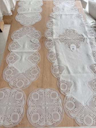 HOBİBAHÇEM Salon Takımı Çeyizlik Krem Runner Set 5 Parça Keten Ranır Masa Sehpa Konsol Örtüsü Defne HB006