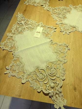 HOBİBAHÇEM Salon Takımı Çeyizlik Kreme Gold Runner Set 5 Parça Keten Masa Örtüsü Runneri Eva HB006