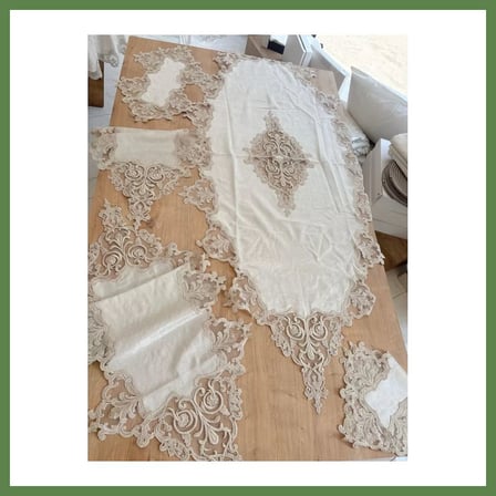 HOBİBAHÇEM Salon Takımı Çeyizlik Krem Runner Set 5 Parça Kadife Masa Örtüsü Runneri Eva HB006