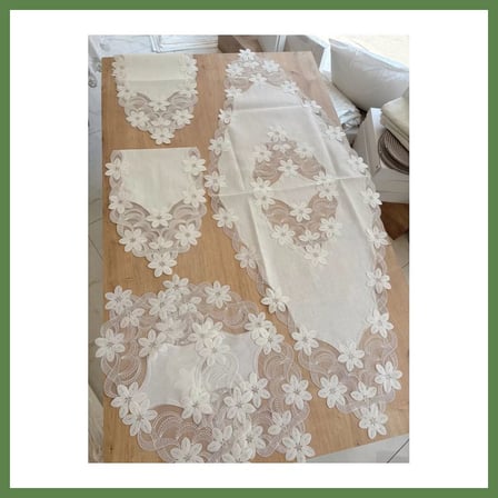 HOBİBAHÇEM Salon Takımı Çeyizlik Krem Runner Set 5 Parça Keten Masa Örtüsü Runneri Lüx Evita HB006