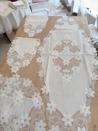 HOBİBAHÇEM Salon Takımı Çeyizlik Krem Runner Set 5 Parça Keten Masa Örtüsü Runneri Lüx Evita HB006