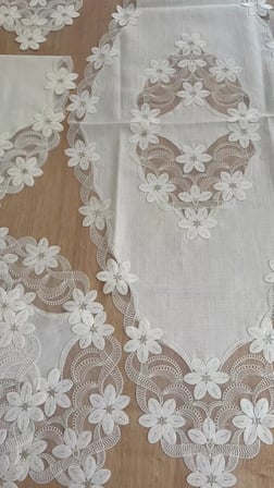 HOBİBAHÇEM Salon Takımı Çeyizlik Krem Runner Set 5 Parça Keten Masa Örtüsü Runneri Lüx Evita HB006